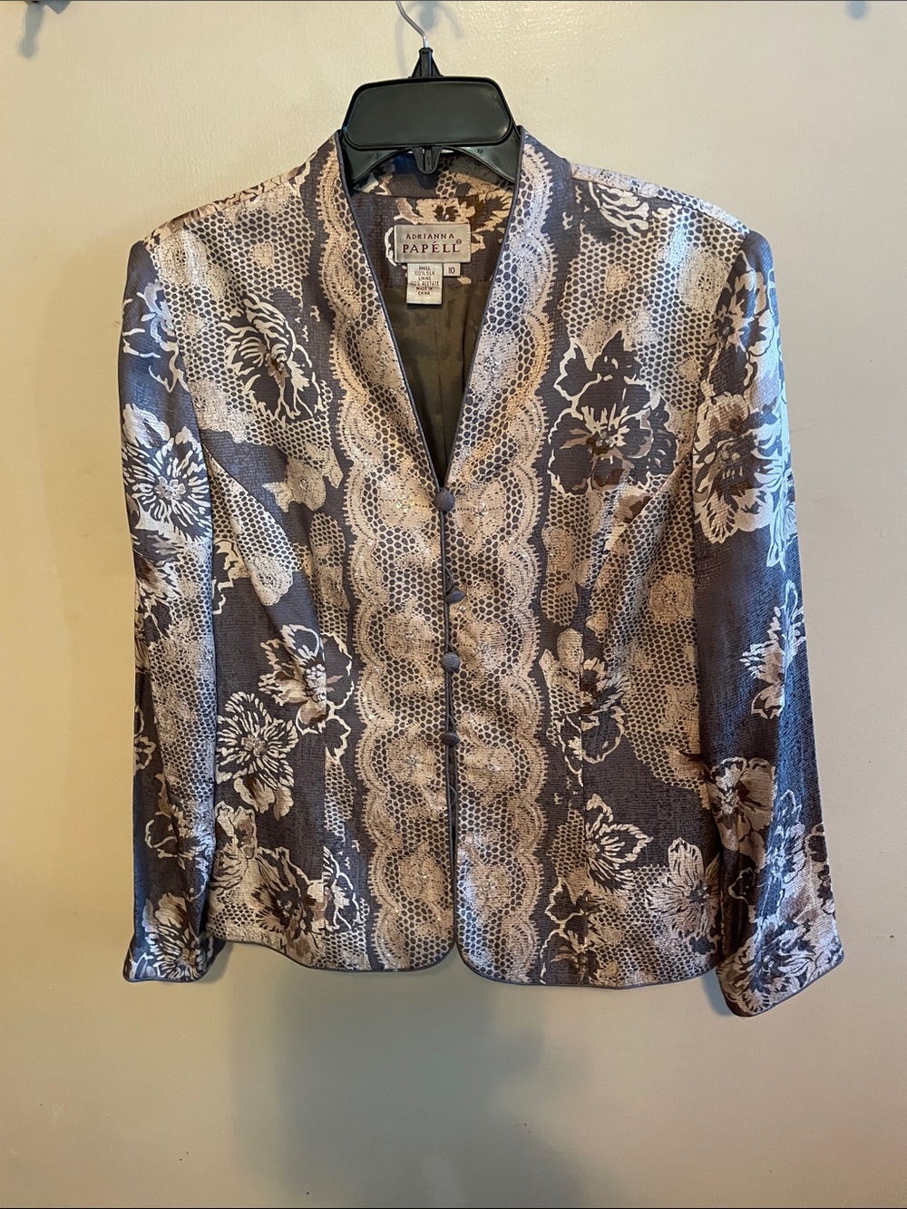 Adrianna Papell Gray and Silver Floral Lace-Print Evening Jacket - Picture 2 of 5